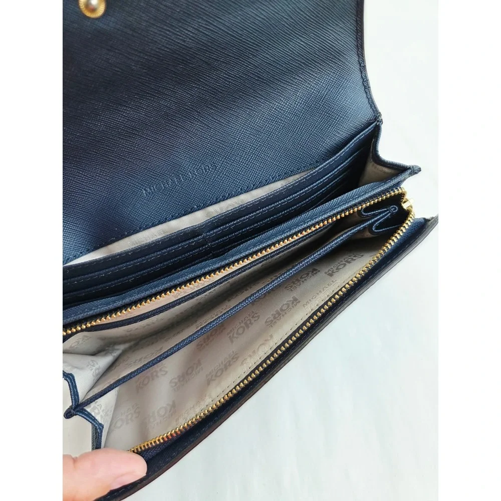 Michael Kors Navy Blue Pebbled Leather Jet Set Wallet 35T3GJSE7L Gold Hardware